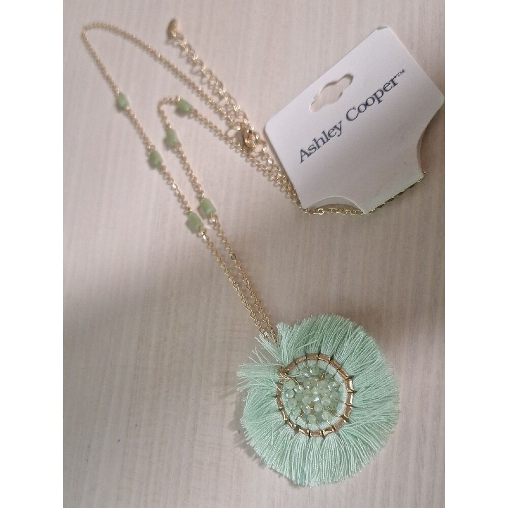 Gold Chain Necklace with Light Green Fringe Pendant